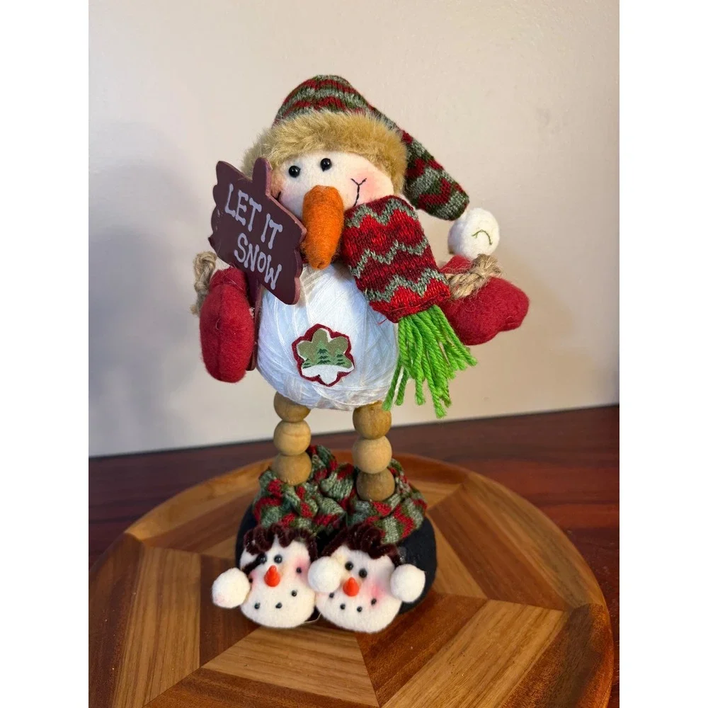 Let It Snow Snowman Figurine Wooden Bead Legs String Body Holiday Decor 12 Inch